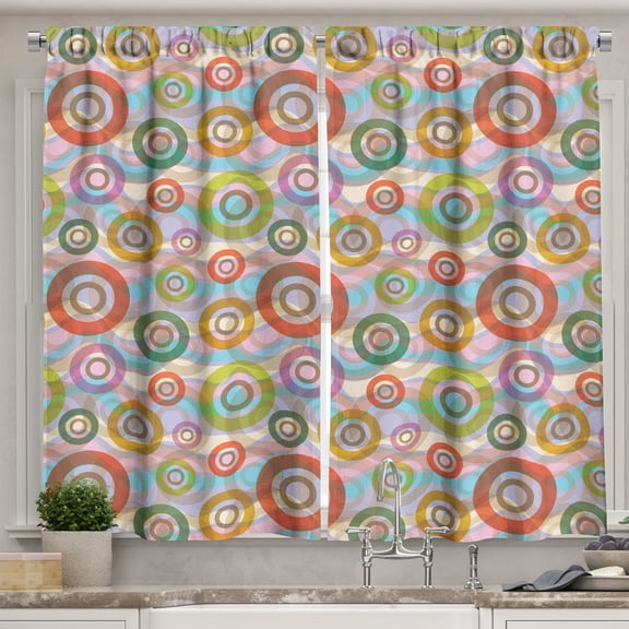 Ambesonne Retro Kitchen Curtains, Hippie Colorful Circles, 55"x30", Multicolor