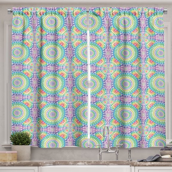Ambesonne Retro Kitchen Curtains, Hippie Ethnic Rainbow Mandala, 55"x36", Multicolor