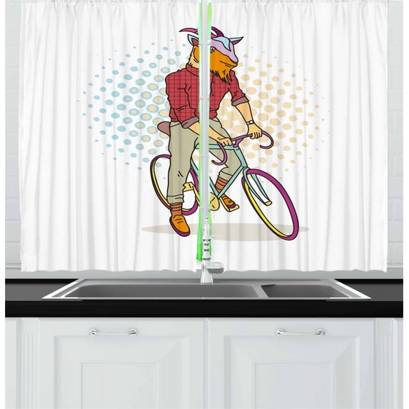 Ambesonne Retro Kitchen Curtains, Hipster Goat on Bicycle, 55"x39", Multicolor