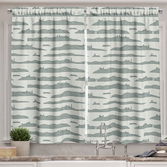 Ambesonne Retro Kitchen Curtains, Island Bridge Art Silhouette, 55"x30", Dark Sea Green and Eggshell