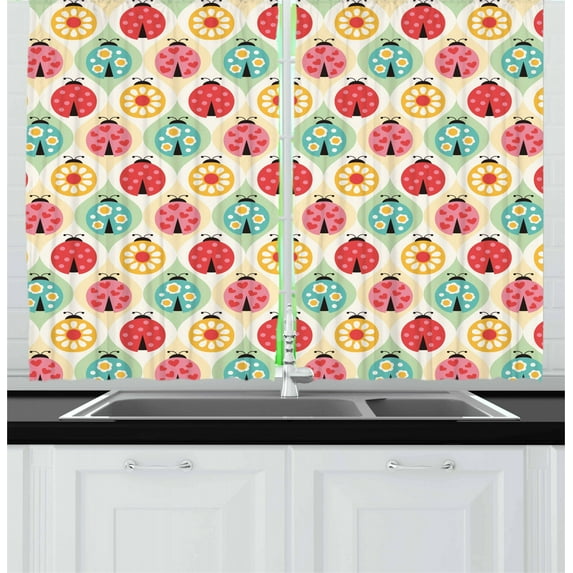 Ambesonne Retro Kitchen Curtains, Ladybugs Retro Cartoon, 55"x39", Multicolor