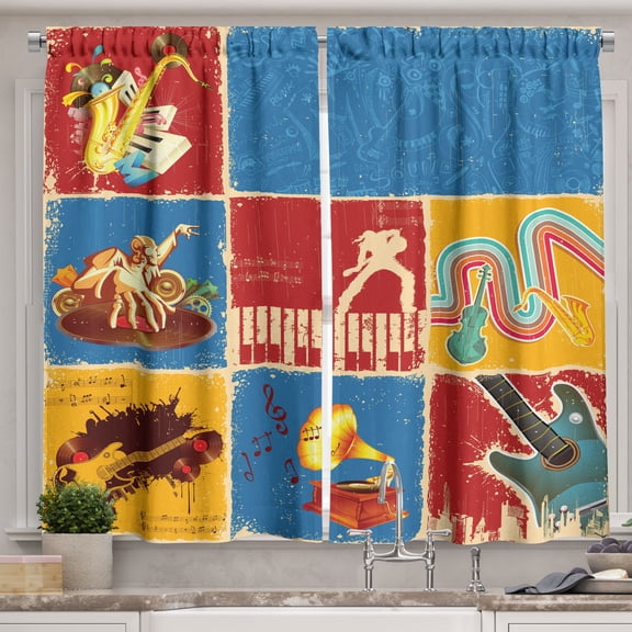 Ambesonne Retro Kitchen Curtains, Music Jazz Grunge Boho, 55"x30", Multicolor