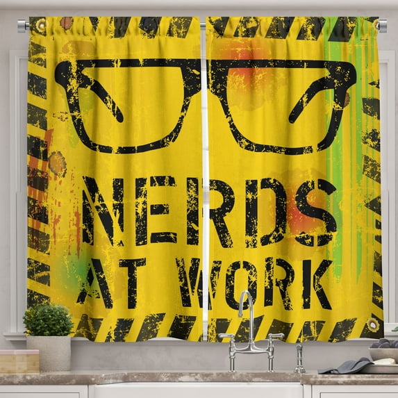 Ambesonne Retro Kitchen Curtains, Nerds at Work Grungy, 55"x39", Yellow Black Green