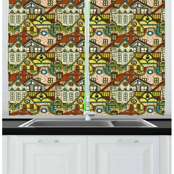 Ambesonne Retro Kitchen Curtains, Old City Colorful Town, 55"x39", Multicolor