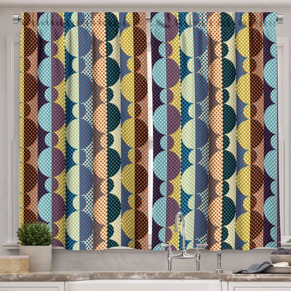 Ambesonne Retro Kitchen Curtains, Polka Dots Circles Stripes, 55"x30", Multicolor