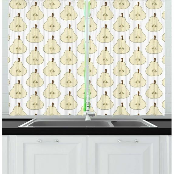 Ambesonne Retro Kitchen Curtains, Sketchy Halved Pear Pattern, 55"x45", Brown Eggshell and White