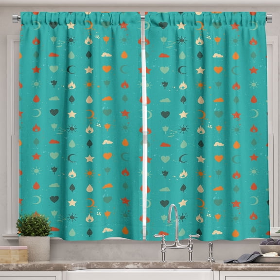 Ambesonne Retro Kitchen Curtains, Star Raindrop Sun Moon Art, 55"x39", Dark Seafoam and Marigold