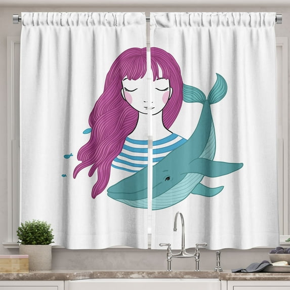 Ambesonne Retro Kitchen Curtains, Teen Girl with a Whale, 55"x39", Turquoise Magenta