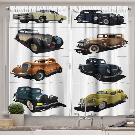 Ambesonne Retro Kitchen Curtains, Vintage Cars Realist Print, 55"x39", Multicolor