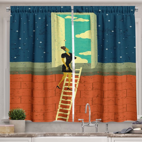 Ambesonne Retro Kitchen Curtains, Woman on Ladder, 55"x39", Multicolor
