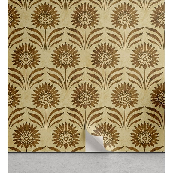 Ambesonne Retro Peel & Stick Wallpaper for Home, Art Deco Prehistoric Flower, 13"x72", Beige and Caramel