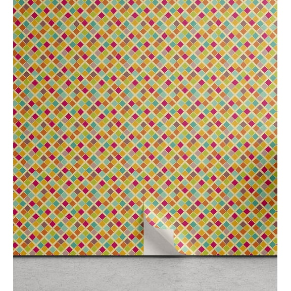 Ambesonne Retro Peel & Stick Wallpaper for Home, Checkered Colorful Tile, 13"x36", Multicolor