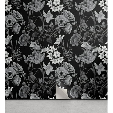 Ambesonne Retro Peel & Stick Wallpaper for Home, Dark Theme Flowers Pattern, 13"x36", Charcoal Grey and White