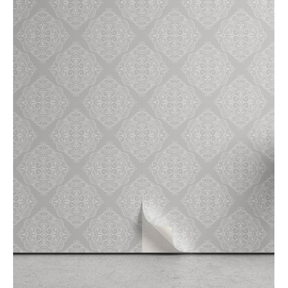 Ambesonne Retro Peel & Stick Wallpaper for Home, Grey Curlicue Floral Ornament, 13"x72", Pale Grey and White