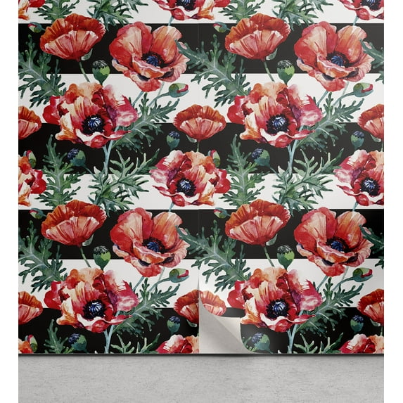 Ambesonne Retro Peel & Stick Wallpaper for Home, Horizontal Lines Poppies Art, 13"x36", Dark Pink and Jade Green