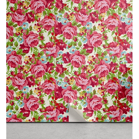 Ambesonne Retro Peel & Stick Wallpaper for Home, Red Roses Leaves Plain Back, 13"x72", Dark Pink Fern Green