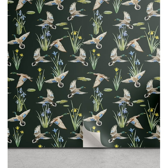 Ambesonne Retro Peel & Stick Wallpaper for Home, Repetitive Cranes Pattern, 13"x36", Hunter Green Earth Yellow