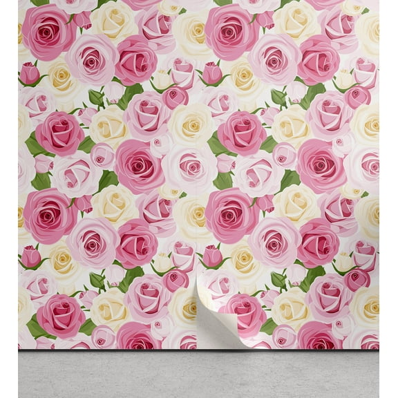 Ambesonne Retro Peel & Stick Wallpaper for Home, Roses Leaves Vintage Plot, 13"x72", Pale Pink Reseda Green