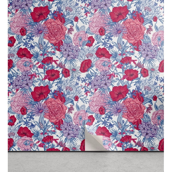 Ambesonne Retro Peel & Stick Wallpaper for Home, Roses Peonies Poppies Plot, 13"x36", Dark Pink Sea Blue