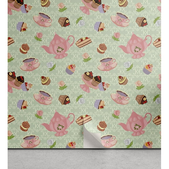 Ambesonne Retro Peel & Stick Wallpaper for Home, Royal Themed Tea Time, 13"x100", Multicolor