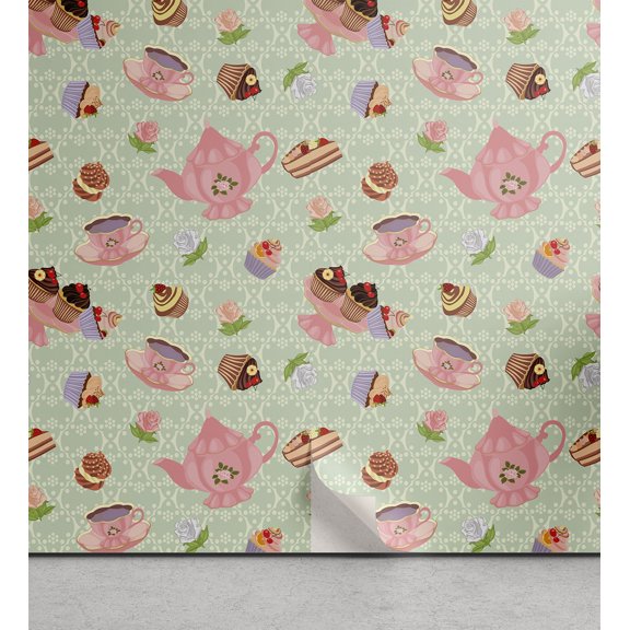 Ambesonne Retro Peel & Stick Wallpaper for Home, Royal Themed Tea Time, 13"x36", Multicolor