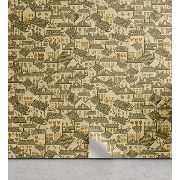 Ambesonne Retro Peel & Stick Wallpaper for Home, Village Town Houses Roofs, 13"x36", Reseda Green Sand Brown
