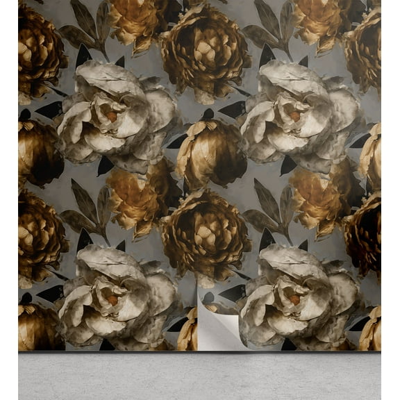 Ambesonne Retro Peel & Stick Wallpaper for Home, Watercolor Blooming Peony Art, 13"x72", Dimgray Eggshell Amber