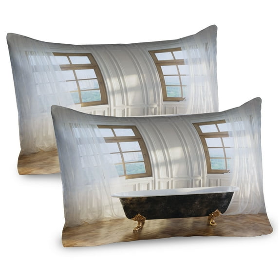 Ambesonne Retro Pillow Sham 2 Pack, Bathtub in Modern Room, 26"x20", White Black Pale Brown