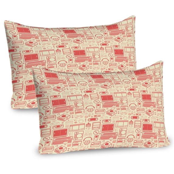 Ambesonne Retro Pillow Sham 2 Pack, Retro Gaming Objects, 30"x20", Dark Peach and Cream
