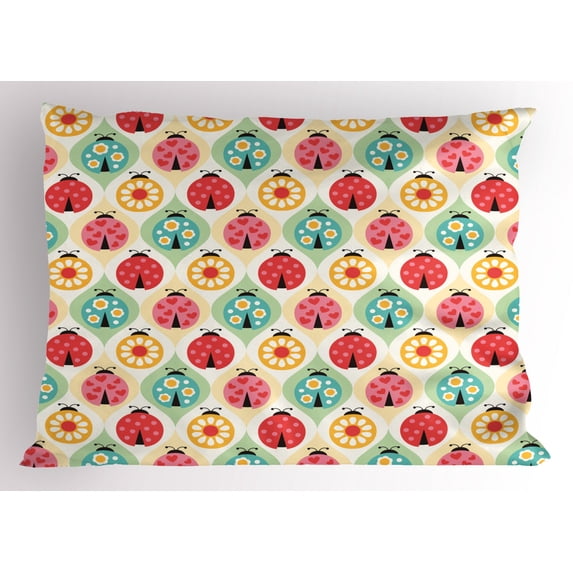 Ambesonne Retro Pillow Sham, Ladybugs Retro Cartoon, 36" X 20", Multicolor