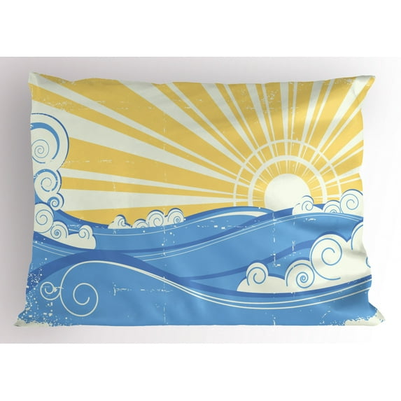 Ambesonne Retro Pillow Sham, Vintage Waves with Sun, 26" X 20", Pale Yellow White