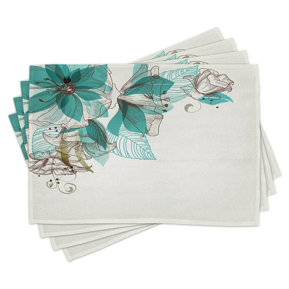 Ambesonne Retro Place Mats Set of 8, Flowers Buds Leaf, Placemat 8 pcs, Teal Pale Green