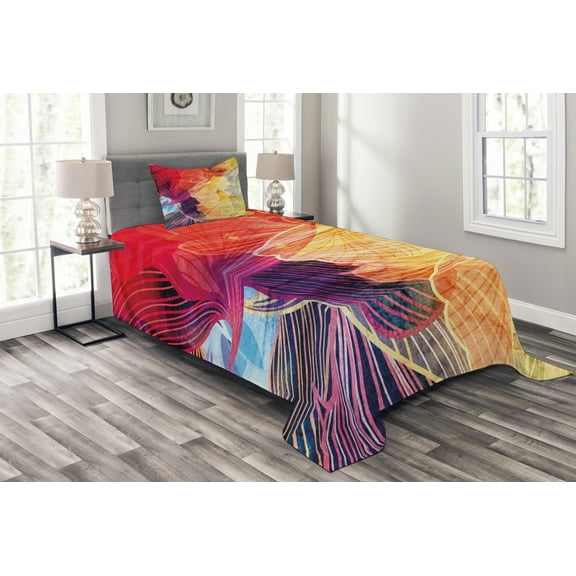 Ambesonne Retro Quilted Bedspread Set 2 Pcs, Abstract Colorful Natural, Twin Size, Multicolor