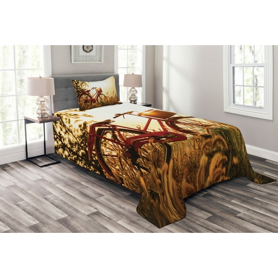 Ambesonne Retro Quilted Bedspread Set 2 Pcs, Bike in Sepia Tones Rural, Twin Size, Red Orange Yellow
