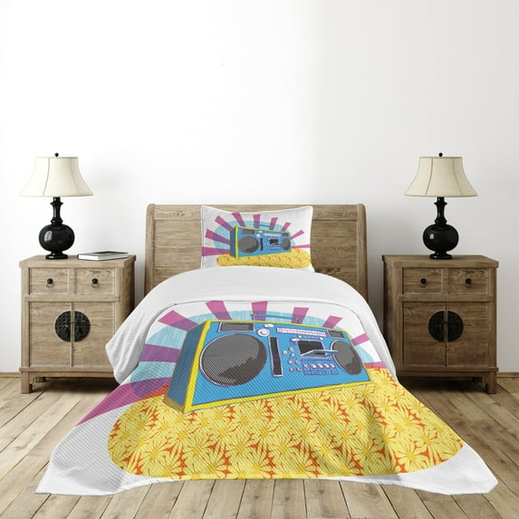 Ambesonne Retro Quilted Bedspread Set 2 Pcs, Boom Box Pop Art Dance, Twin Size, Multicolor