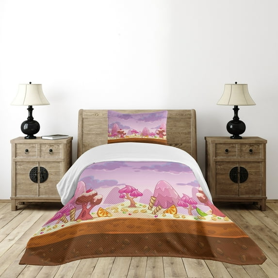 Ambesonne Retro Quilted Bedspread Set 2 Pcs, Cartoon Candy Land, Twin Size, Multicolor