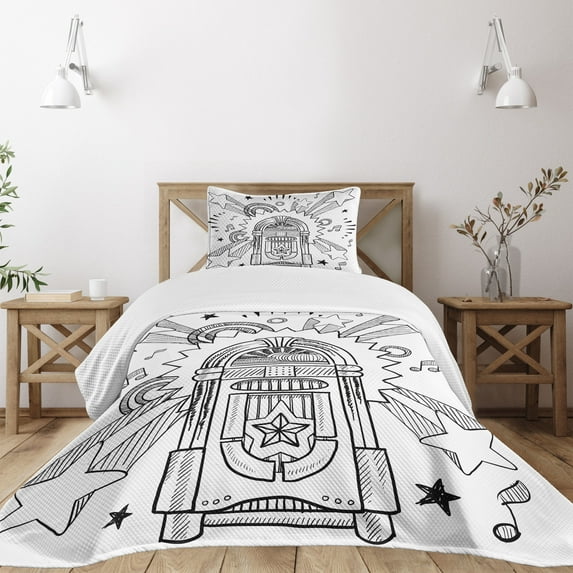 Ambesonne Retro Quilted Bedspread Set 2 Pcs, Cartoon Sketchy Music Box, Twin Size, Black and White