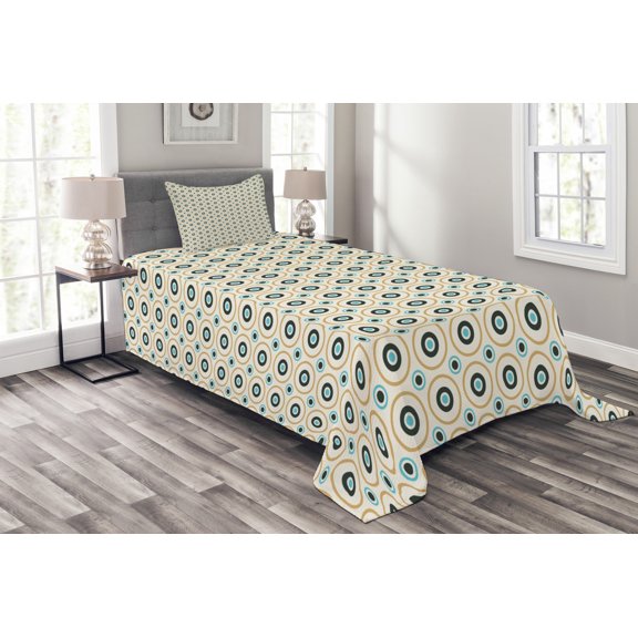 Ambesonne Retro Quilted Bedspread Set 2 Pcs, Circles Spots Colorful, Twin Size, Sky Blue Black Amber