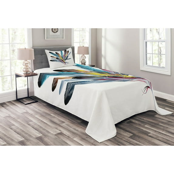 Ambesonne Retro Quilted Bedspread Set 2 Pcs, Colorful Feathers Old Pen, Twin Size, Multicolor
