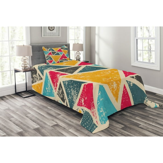 Ambesonne Retro Quilted Bedspread Set 2 Pcs, Funk Art Grungy Abstract, Twin Size, Multicolor