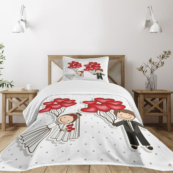 Ambesonne Retro Quilted Bedspread Set 2 Pcs, Funny Newlyweds Balloons, Twin Size, Red White Black