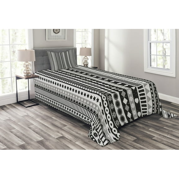 Ambesonne Retro Quilted Bedspread Set 2 Pcs, Geometric Ribbon Stripes, Twin Size, White Black