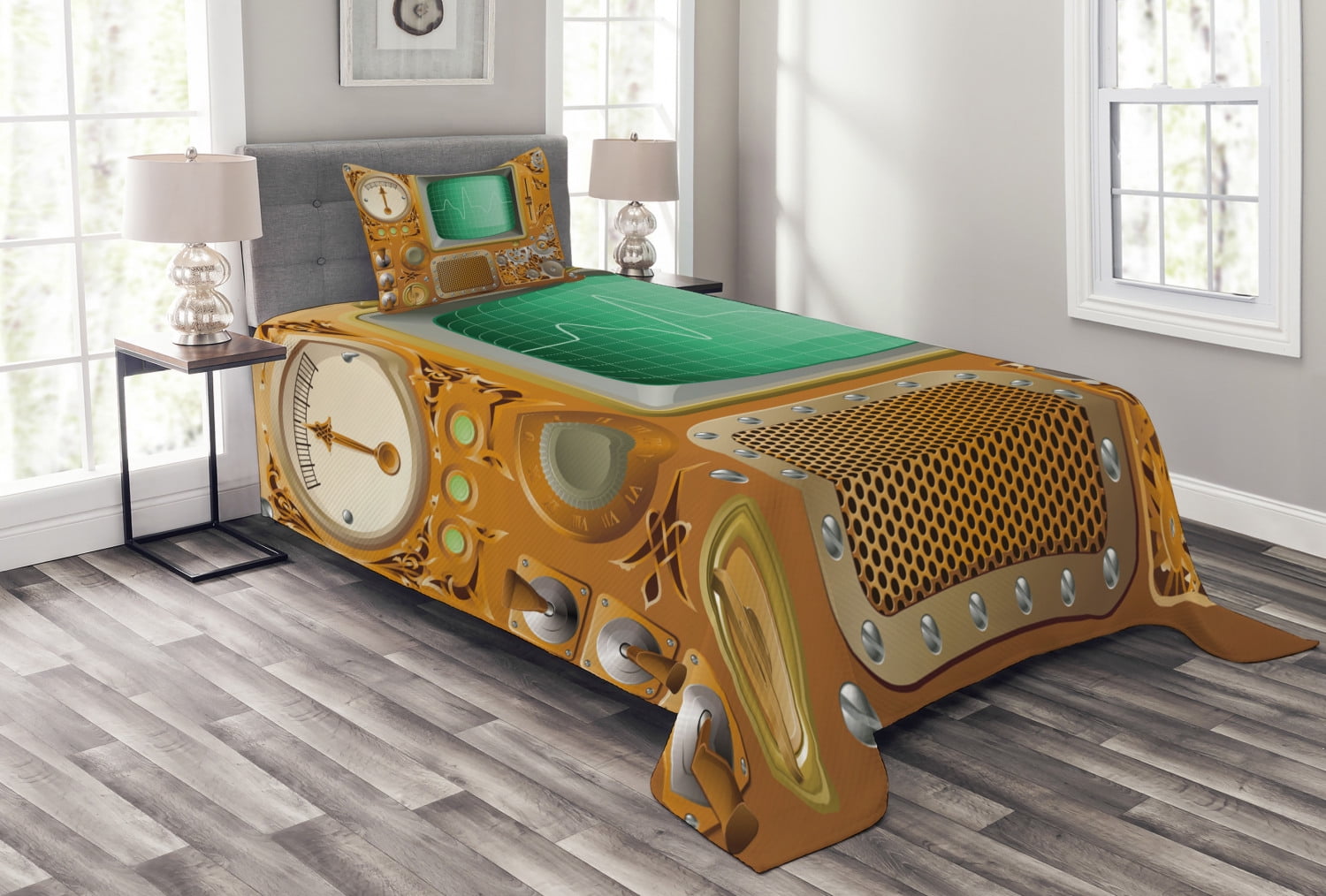 Twin Size Steampunk Machine Quilted Bedspread Set in Orange and Green