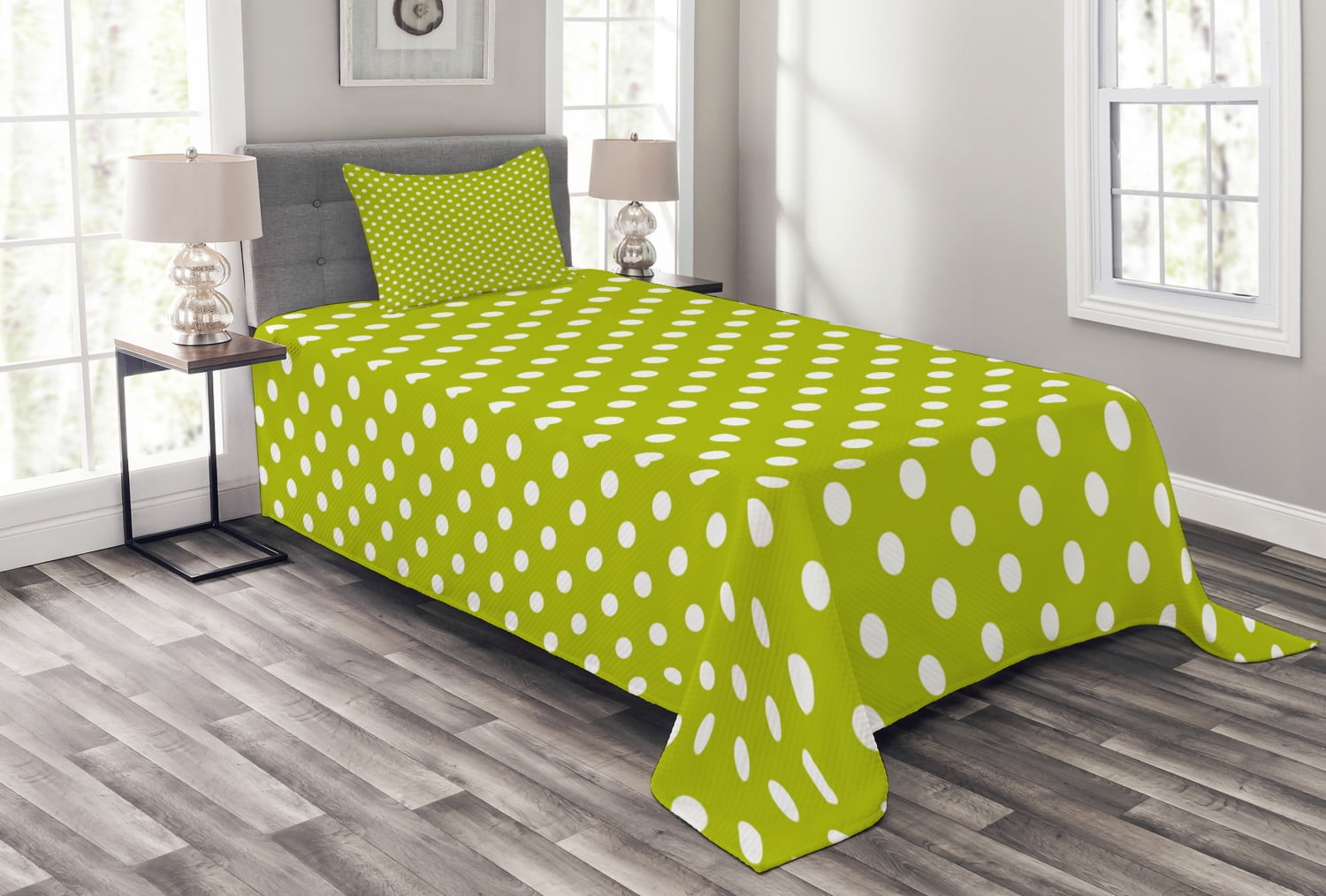 Olive Green and White Polka Dot Twin Bedspread Set