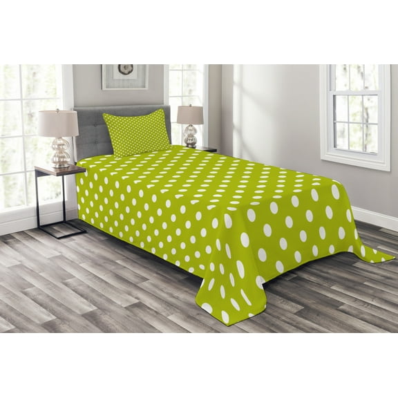 Ambesonne Retro Quilted Bedspread Set 2 Pcs, Lime Vintage Polka Dots, Twin Size, Lime Green and White