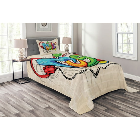 Ambesonne Retro Quilted Bedspread Set 2 Pcs, Music Graffiti Hip Hop, Twin Size, Multicolor