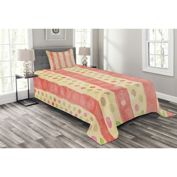 Ambesonne Retro Quilted Bedspread Set 2 Pcs, Nostalgic Stripes Dots, Twin Size, Pale Yellow Coral