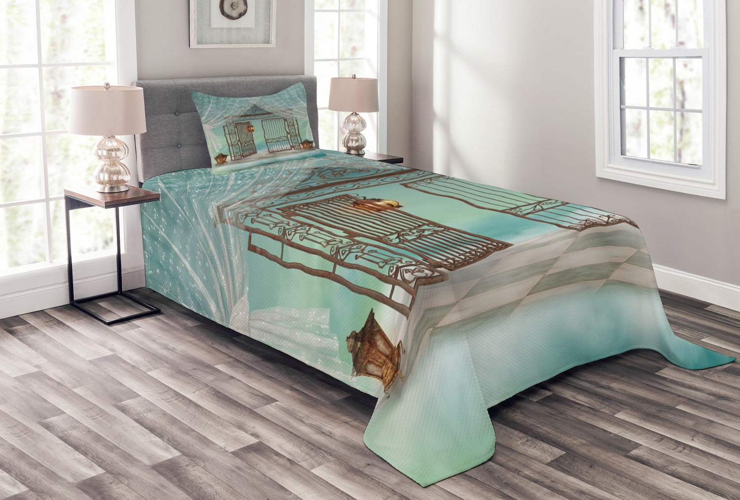 Ambesonne Retro Quilted Bedspread Set 2 Pcs, Old Door and Curtain Print ...