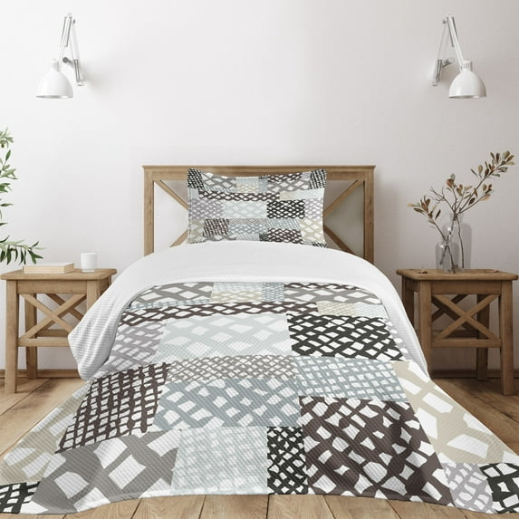 Ambesonne Retro Quilted Bedspread Set 2 Pcs, Patchwork Style, Twin Size, Multicolor