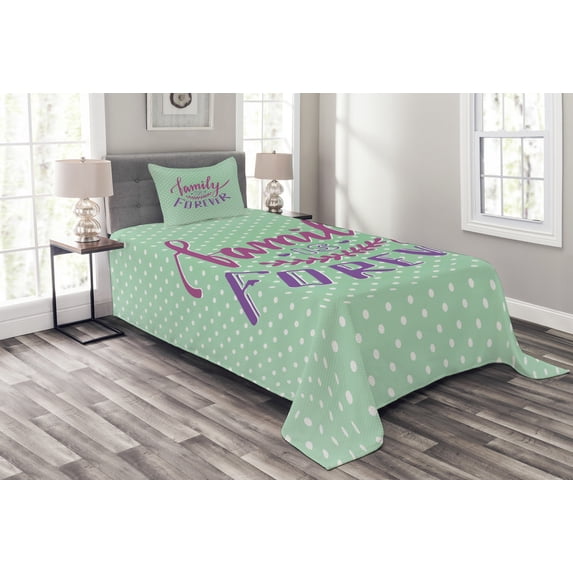 Ambesonne Retro Quilted Bedspread Set 2 Pcs, Polka Dots Family Words, Twin Size, Purple Violet Mint Green